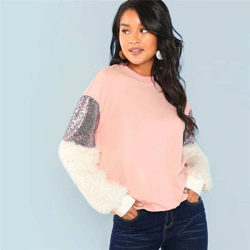 SHEIN Нарядный Свитшот С Контрастной Отделкой, Гламурный Свитшот С Длинным Рукавом И Блестками