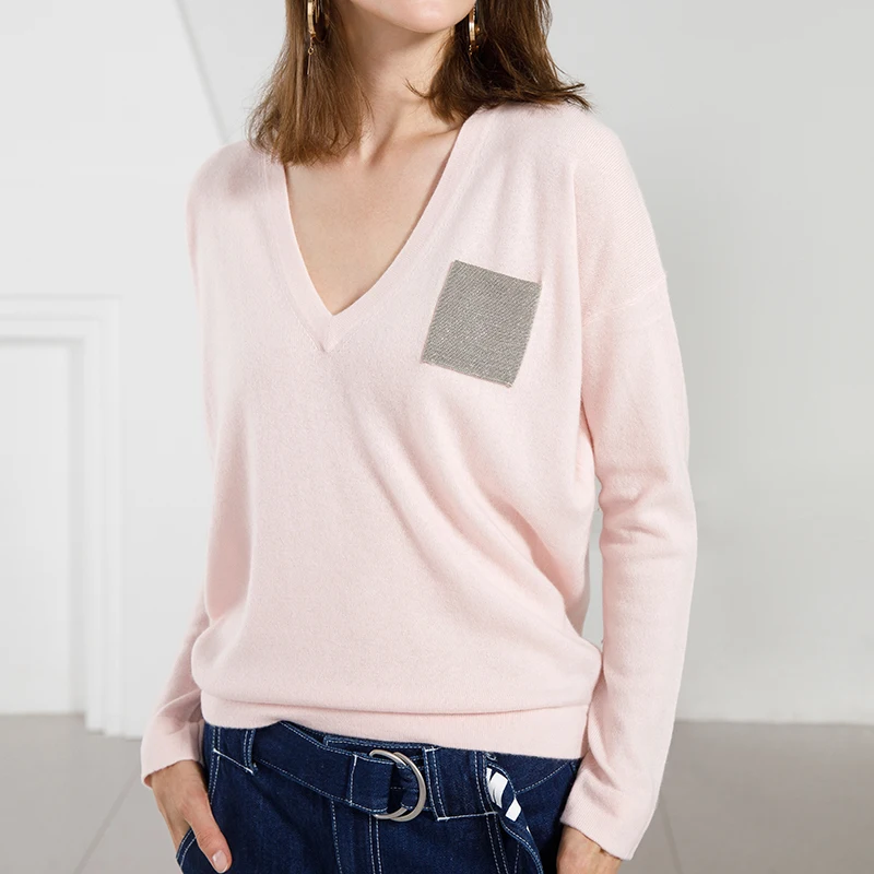 Женский кашемировый свитер с глубоким v-образным вырезом и длинным рукавом