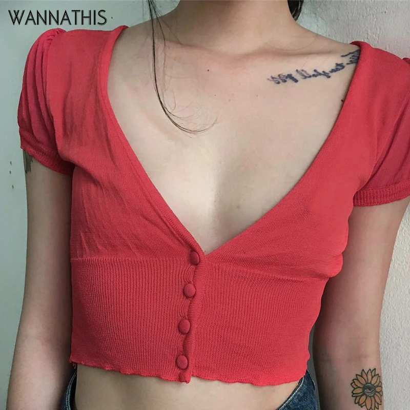 WannThis, короткий рукав, глубокий v-образный вырез, кроп-топы, Женская Сексуальная футболка, красная ребристая трикотажная летняя винтажная тонкая облегающая укороченная уличная одежда