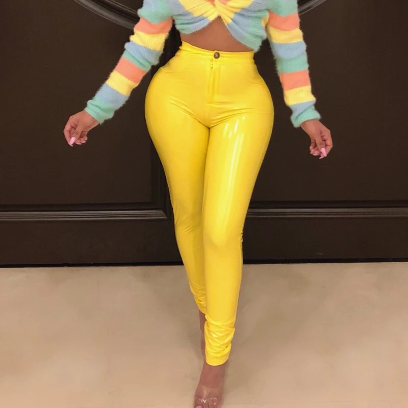 FQLWL штаны из искусственной кожи женские брюки с высокой талией облегающие черные