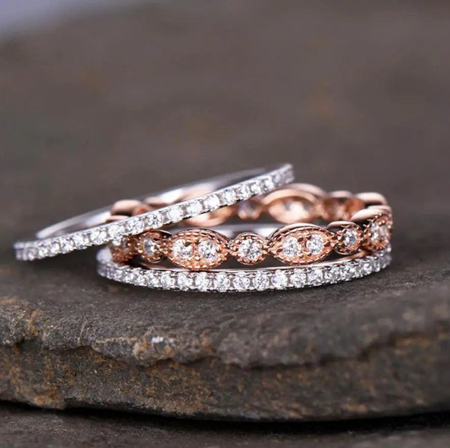 

Size 6-10 Sparkling Brand New Luxury Jewelry 925 Sterling Silver&Rose Gold Filled AAA CZ 3 IN 1Color Separation Women Ring Gift