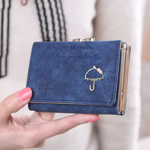 Модный женский кошелек из нубука с надписью и милым зонтиком короткий бумажник