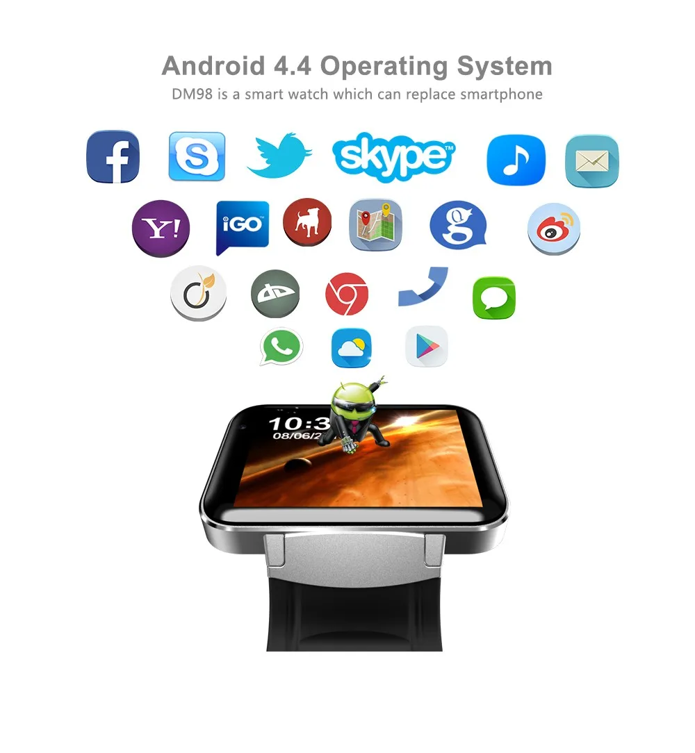 Беспроводные устройства Bluetooth Android OS smartwatch DM98 MTK6572 2,2 'HD сенсорный экран 900 мАч батарея 512 МБ ОЗУ 4 Гб ПЗУ Смарт-часы