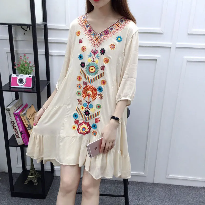 Большие размеры богемные платья с вышивкой 2017 шикарное хлопковое белье v