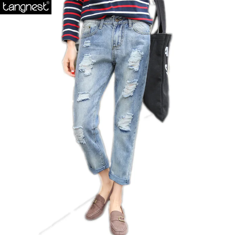 TANGNEST Стильный Проблемные Джинсы Женщин 2017 Новый Модный Бренд Разорвал Джинсовые