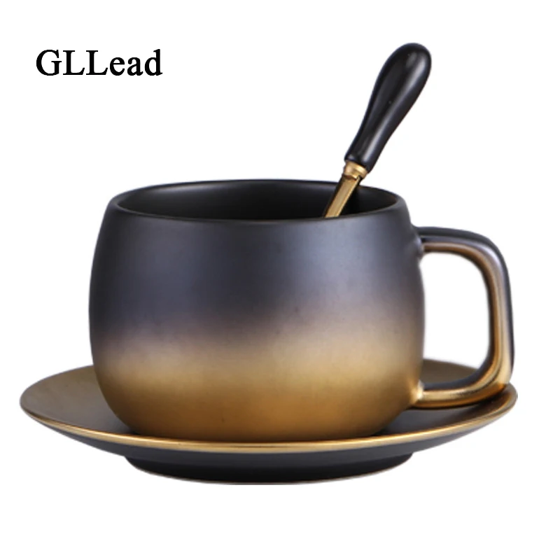 GLLead керамическая кофейная чашка и блюдце черный пигментированный фарфор чайная чашка фарфоровые чашки набор из нержавеющей стали 304 ложка