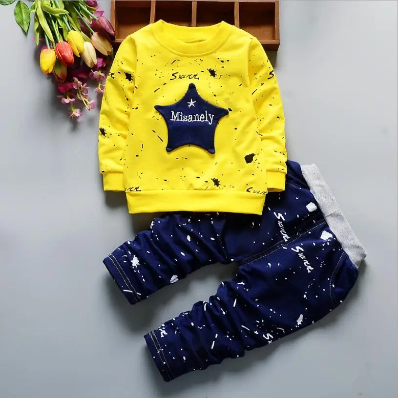 yellow Звезда на весну для маленьких девочек Одежда для мальчиков костюмы для младенцев Повседневное спортивный костюм для девочек из хлопка, футболка и брюки, 2 шт./компл. Детские тренировочный костюм для маленьких мальчиков - Цвет: yellow