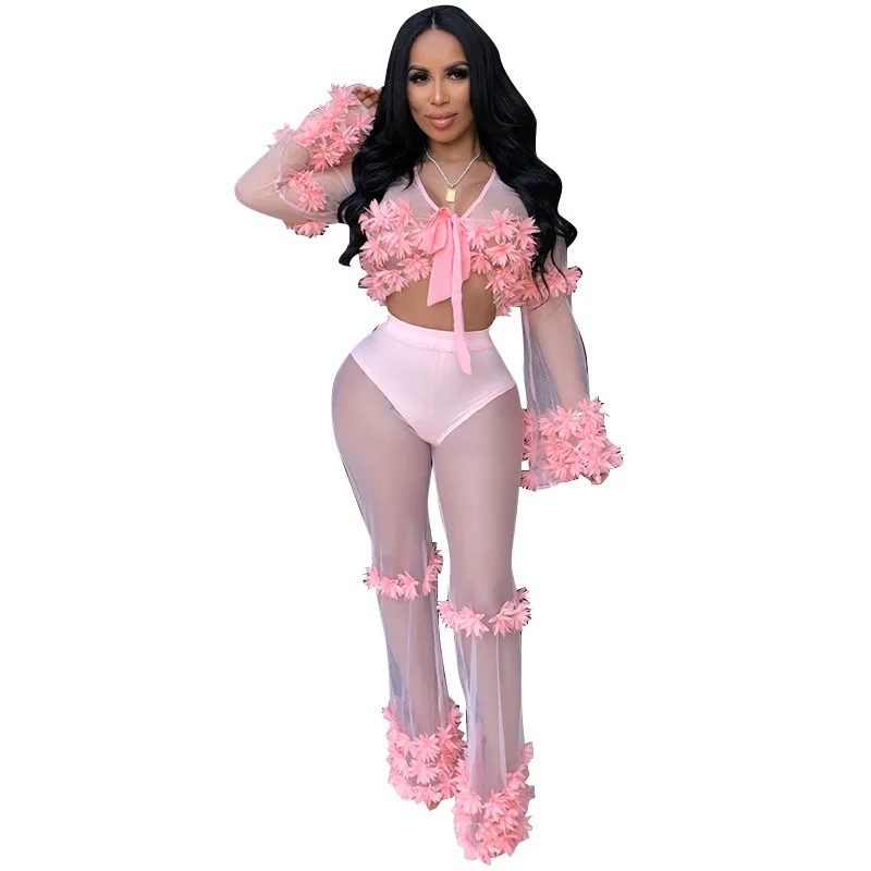 Женские прозрачные брюки с цветочной аппликацией комплект из двух предметов