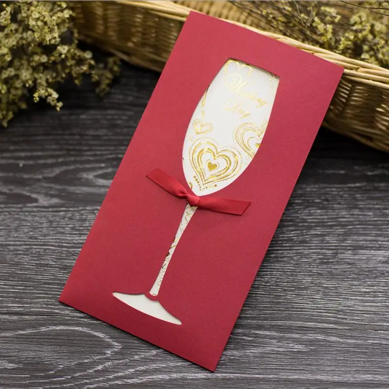 

20pcs/lot Creative Bronzing Greeting Card Wine Glass Hollow Paper Card Business Wedding Invitation Card with Blank Inner Page