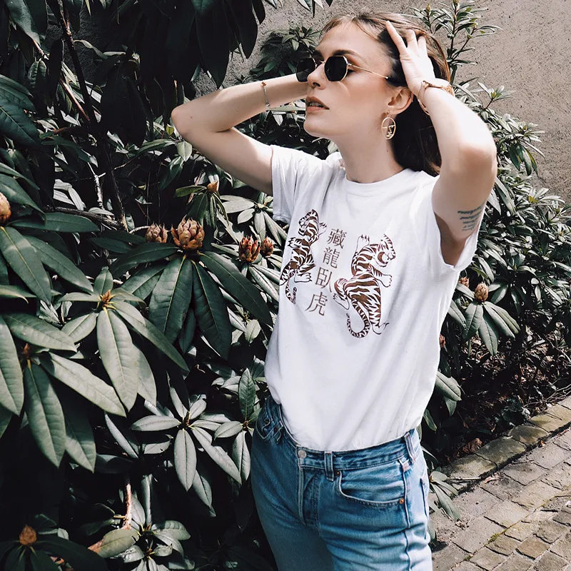 Tops Hot Tees Tiger Print Cotton T-shirt Women shirt Crouching Hidden Dragon Short Sleeve O-neck Casual Girls Top Shirt | Женская одежда