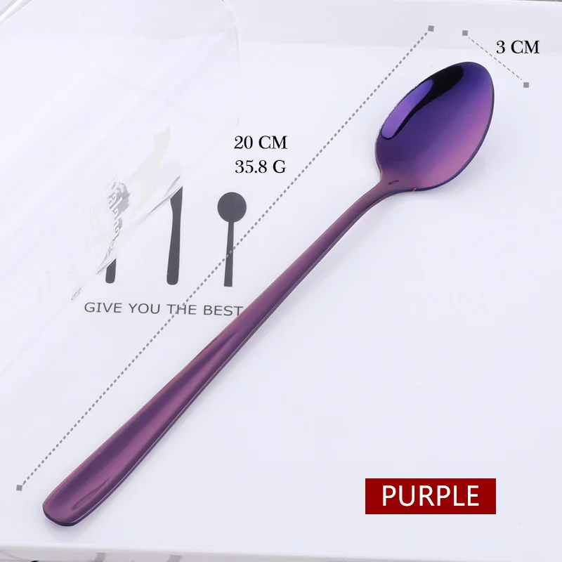 purple 18/10 радужные ледяные ложки из нержавеющей стали с длинной ручкой зеркальное полированное смешивание, перемешивание чайная ложка для напитков, мороженого, десерта - Цвет: purple