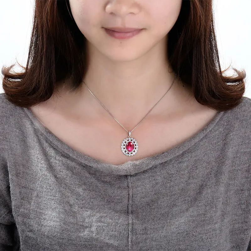 

LOVERJEWELRY Ruby Pendant Real 14KT White Gold Oval Ruby Gemstone In SI Diamonds Pendants For Women Anniversary Jewelry