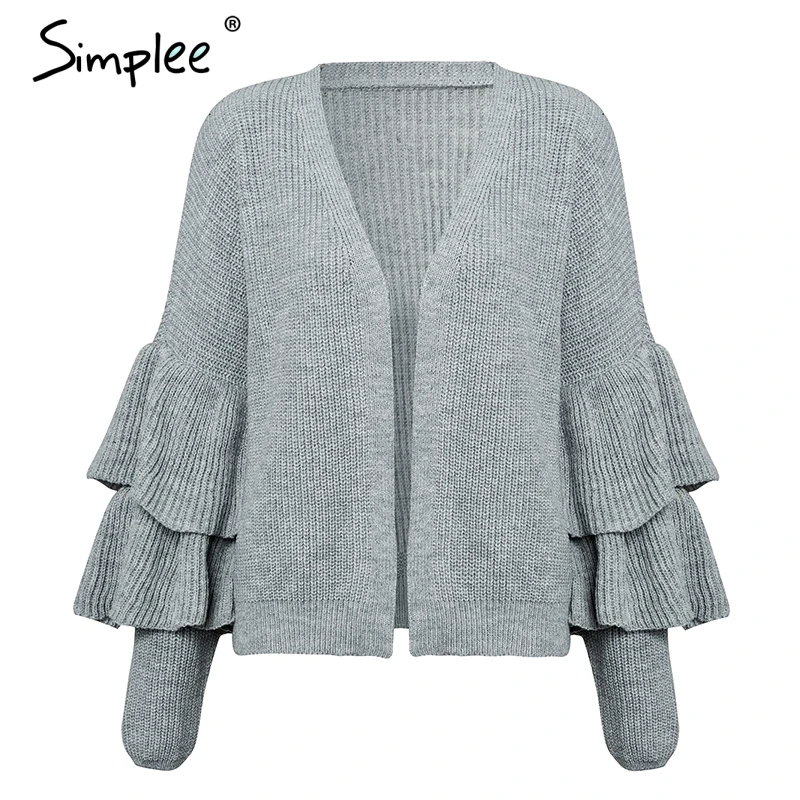 Simplee Ruffles khaki women cardigan Casual long sleeve fashion female sweater 2018 Autumn winter sexy jumper outwear | - Фото №1