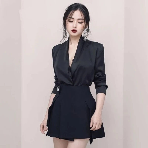 

Business 2 Piece Sets V-neck Long Sleeve Shirt and Button Patchwork Mini Skirt Suits For Women Spring Summer Female Sets