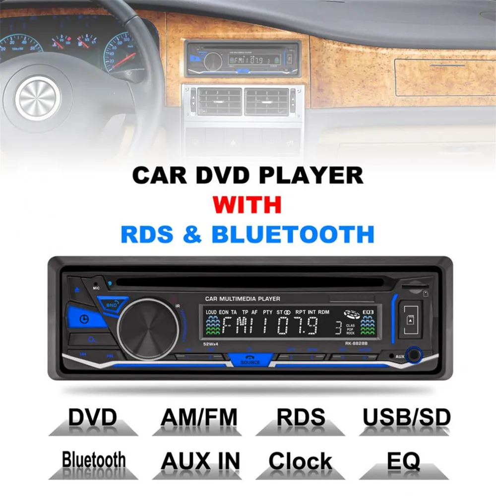 52 Вт * 4 12 в 1 Din Bluetooth автомобильный dvd плеер поддержка VCD/SD/USB/AUX Встроенный AM/FM/RDS