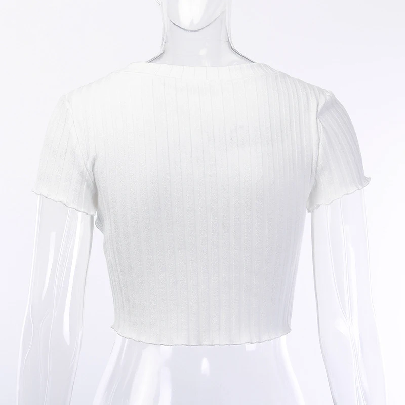 Футболка женская 2019 Лето с коротким рукавом вязаный пупок v образный вырез хлопок