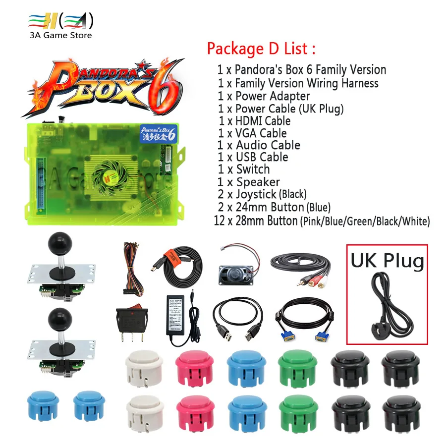 D set - UK plug Pandora Box 6 1300 в 1 семейная версия контрольные принадлежности diy аркадный джойстик кнопки HDMI VGA USB Комплект Динамиков Аркады 2 плеера - Цвет: D set - UK plug
