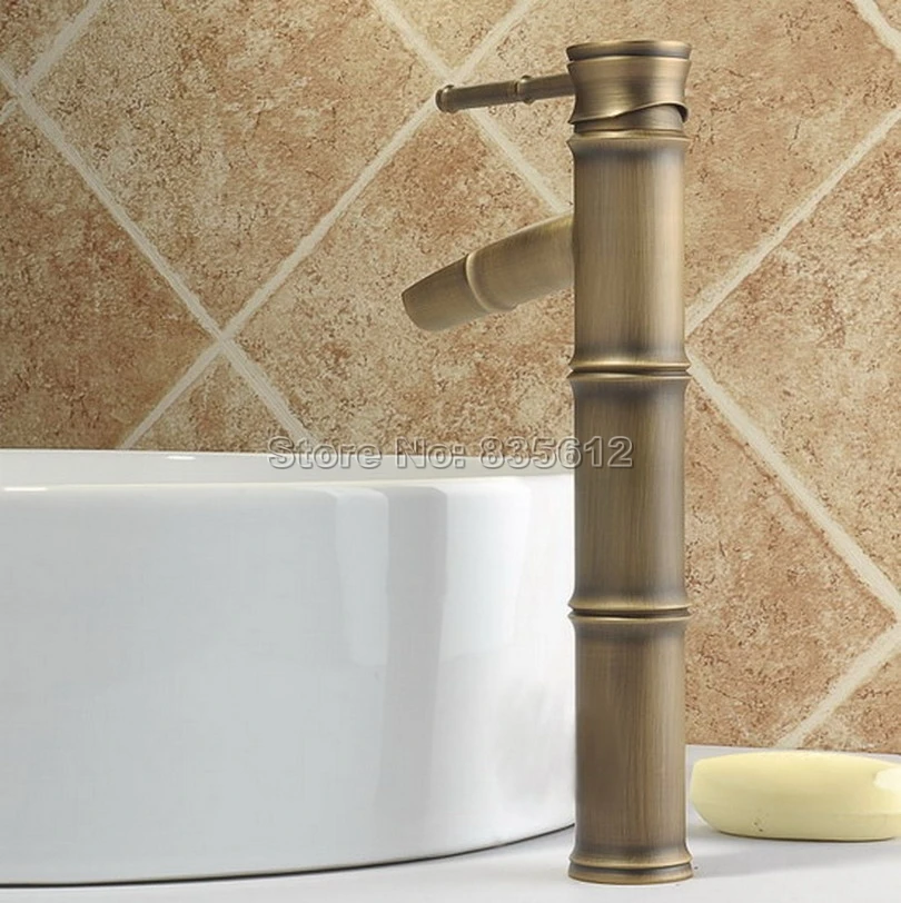 

Antique Brass Deck Mounted Bathroom Sink Basin Bamboo Style Faucet Single Hole Single Handle Vessel Sink Mixer Taps Wnf017
