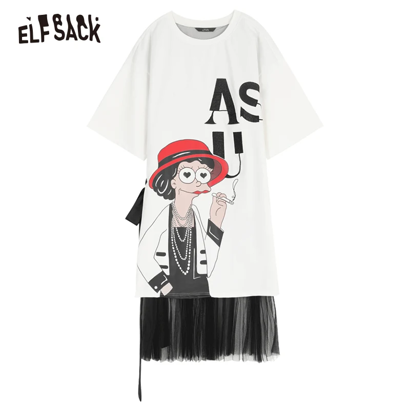 ELFSACK женское Повседневное платье белое с рисунком круглым вырезом для праздников