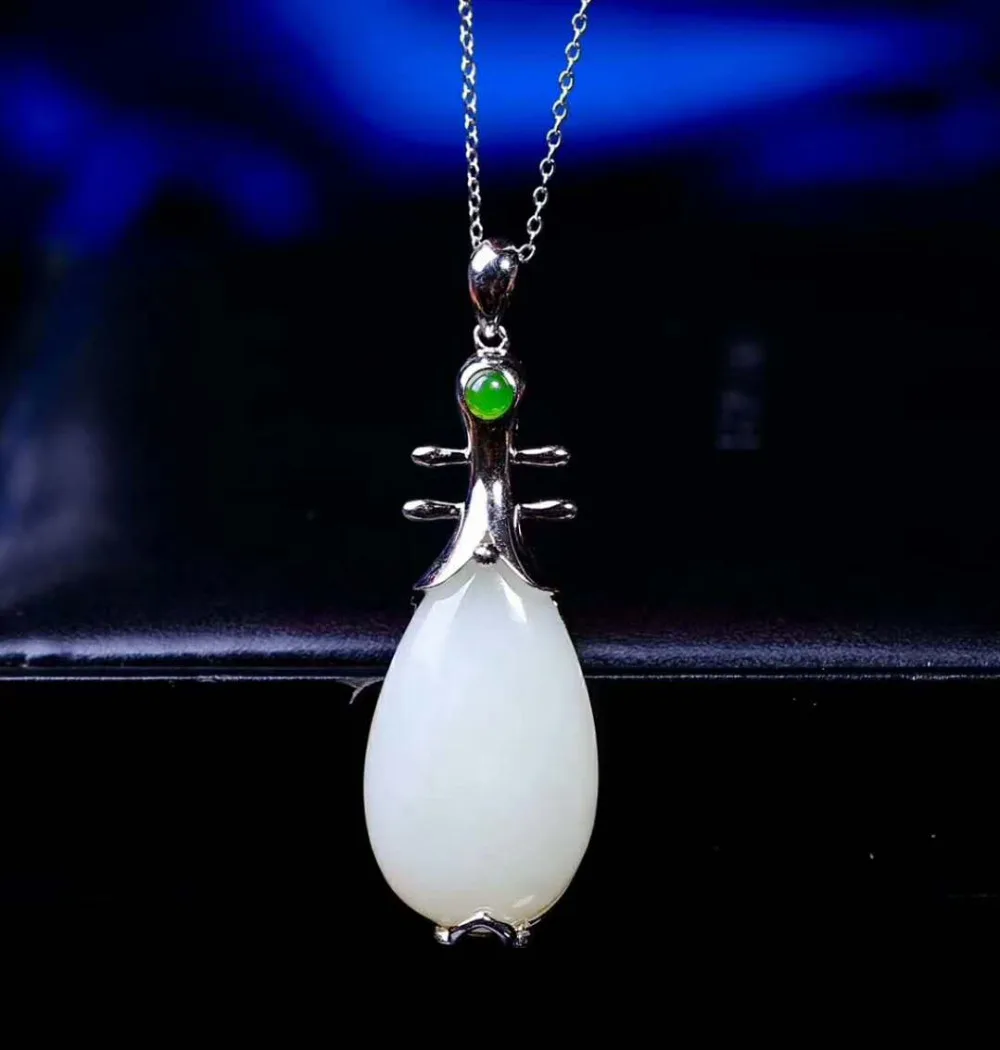 

Natural jade Pipa Pendant Necklace, 925 Sterling Silver classics, Tang Dynasty Jade Pipa Pendant
