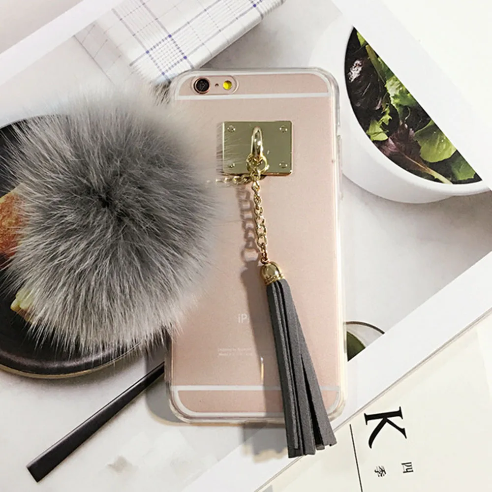 Hairball Mobile Shell for iPhone 7 Soft Transparent TPU 1 Pc/lot Cortex Tassel Metal Buckle Pasted Cell Phone Case |
