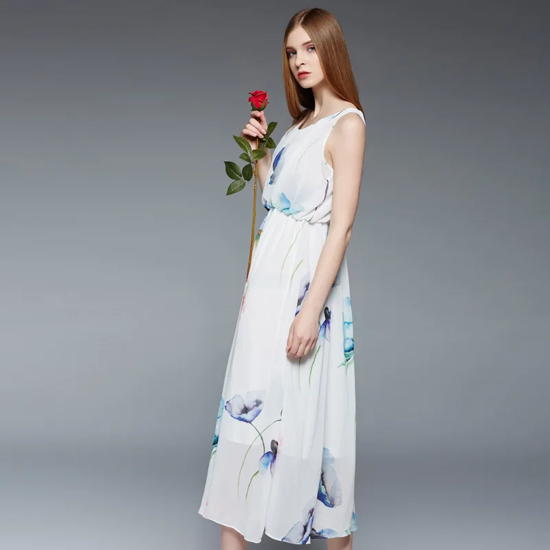Twods 2016 летних цветов печать женщины белый шифоновое платье без рукавов о образным