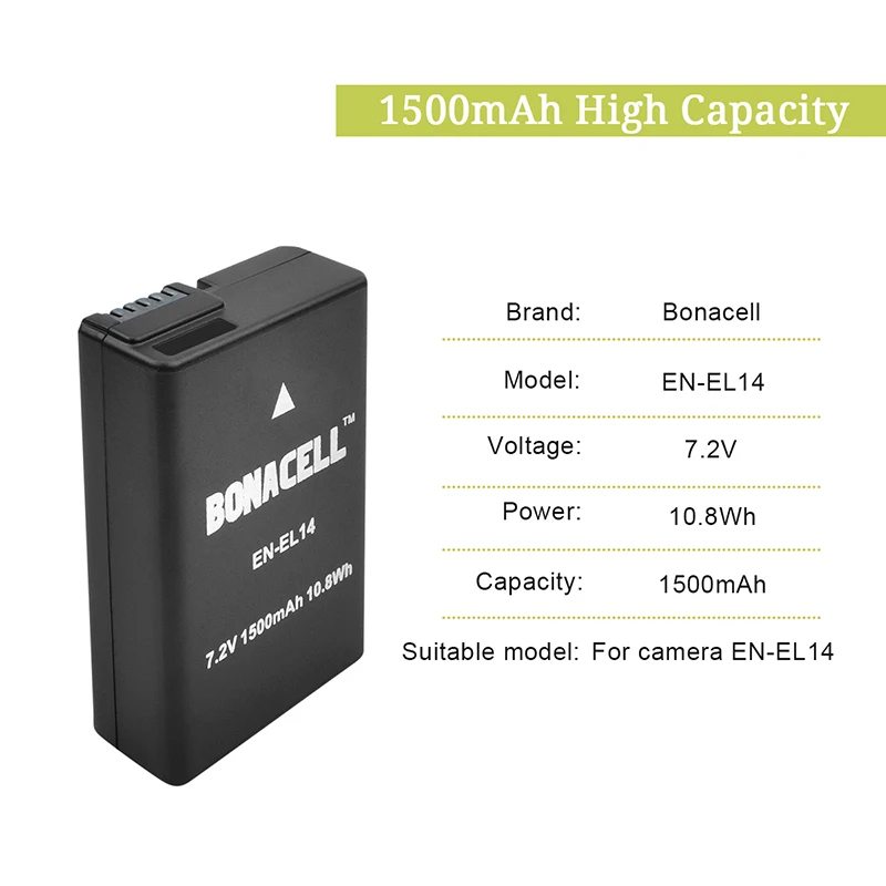 Bonacell EN-EL14 EN EL14 для Nikon 1500mah аккумулятор + ЖК-Зарядное устройство USB D3100 D3200 D3300 D5100 D5200