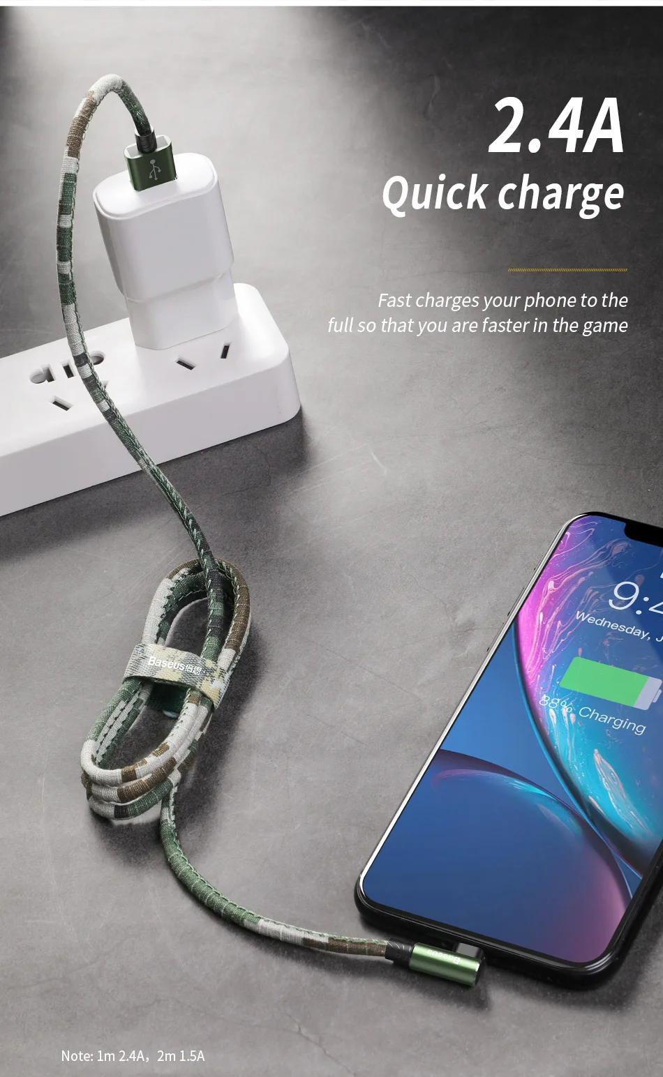 Камуфляжный usb-кабель Baseus для iPhone Xs Max Xr X 8 7 6 6s Plus 2.4A, кабель для быстрой зарядки и передачи данных, локоть, кабели для мобильных телефонов