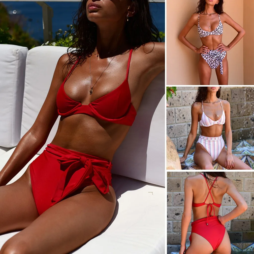 Женский купальник из двух частей с леопардовыми полосками принтом ремень бикини