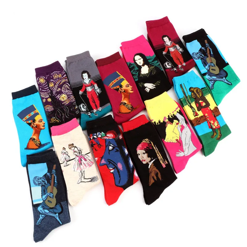 Носки мужские и женские винтажные хлопковые с рисунком|socks painting|crew socksdesigner socks |