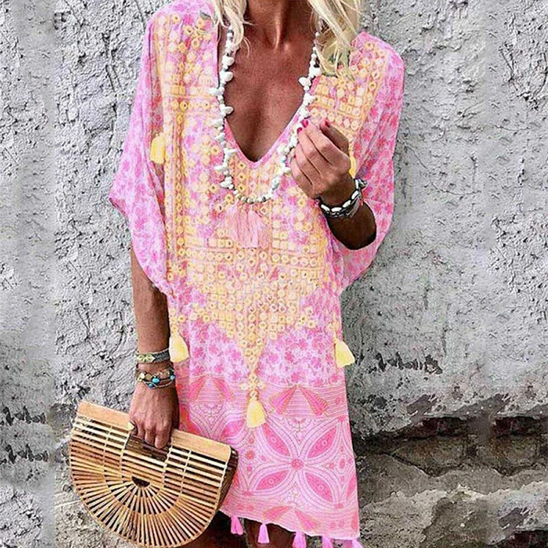 Женское летнее Мини-Платье с V-образным вырезом женское хлопковое Летнее Длинное