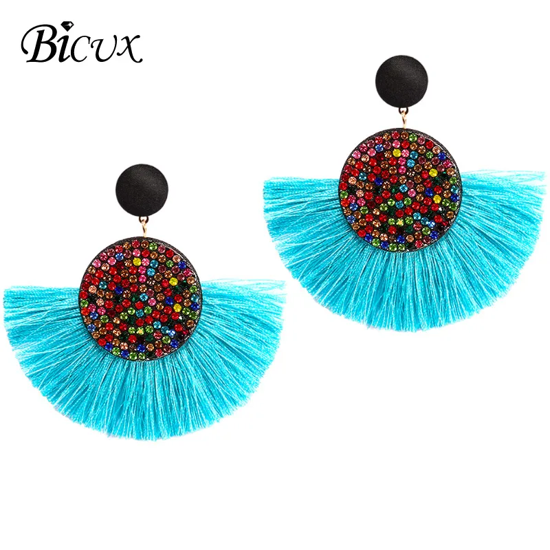 Light blue BICUX, модные, богемные, с кисточками, с кристаллами, большие серьги, черные, белые, красные, из шелковой ткани, висячие серьги с ниспадающими кисточками для женщин, ювелирные изделия - Окраска металла: Light blue