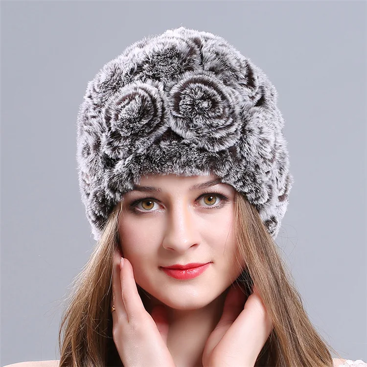 Женские зимние шапки, серые, красные, серые, серые, 3 цвета, повседневные, с цветочным узором, ветрозащитные, теплые, с мехом кролика Рекс, травяная шляпа лыжные нагрудники