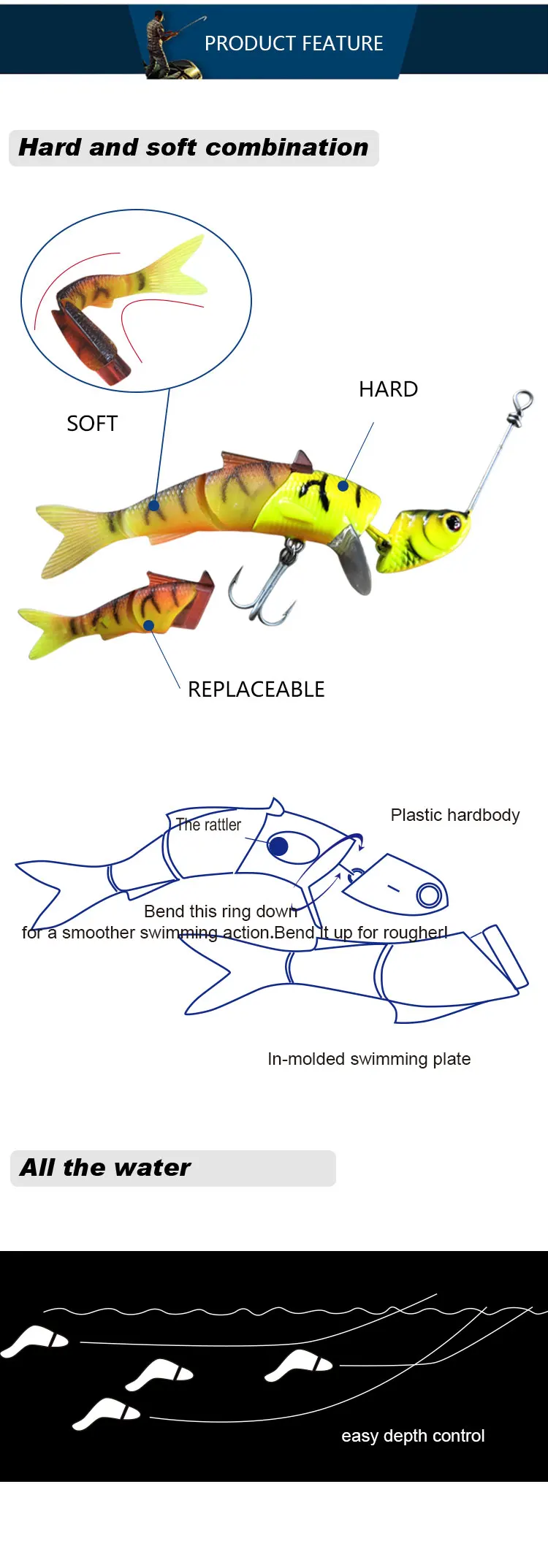 Ardea жесткая приманка 1 шт. 3 шарнирная секция Swimbait рыболовные приманки жесткие приманки с Крючки vmc искусственная приманка