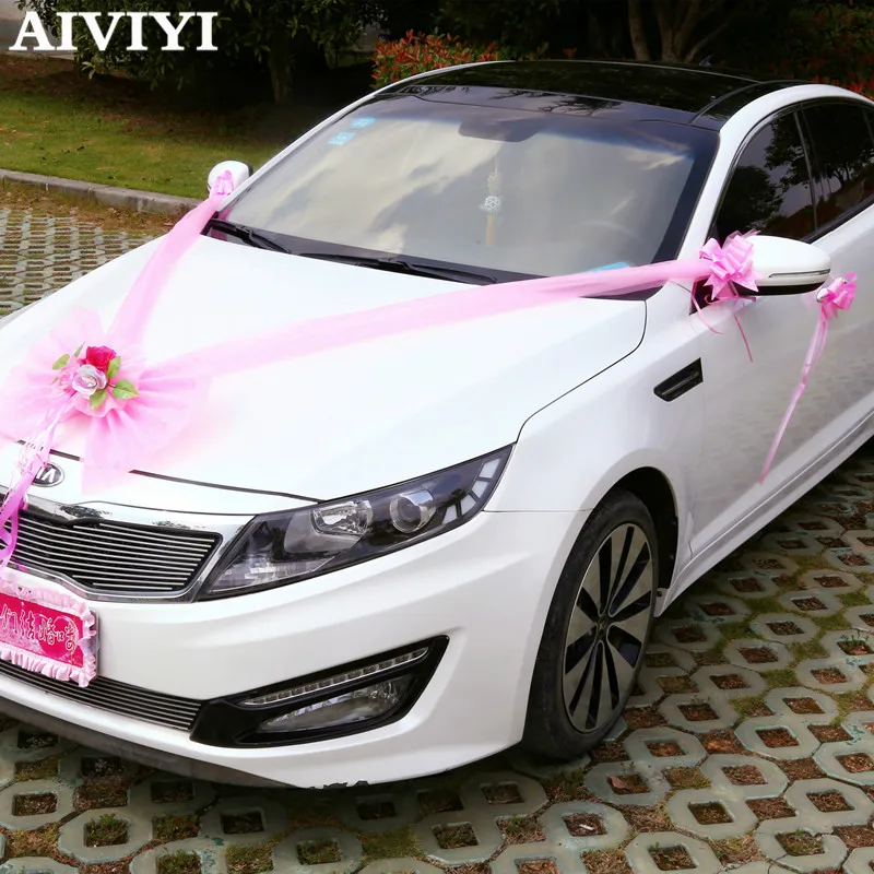 

Wedding Decoration Car Artificial Flowers Tulle Bow Decorative Flower Wreath Garland DIY Wedding Accessories Car Head Flowers