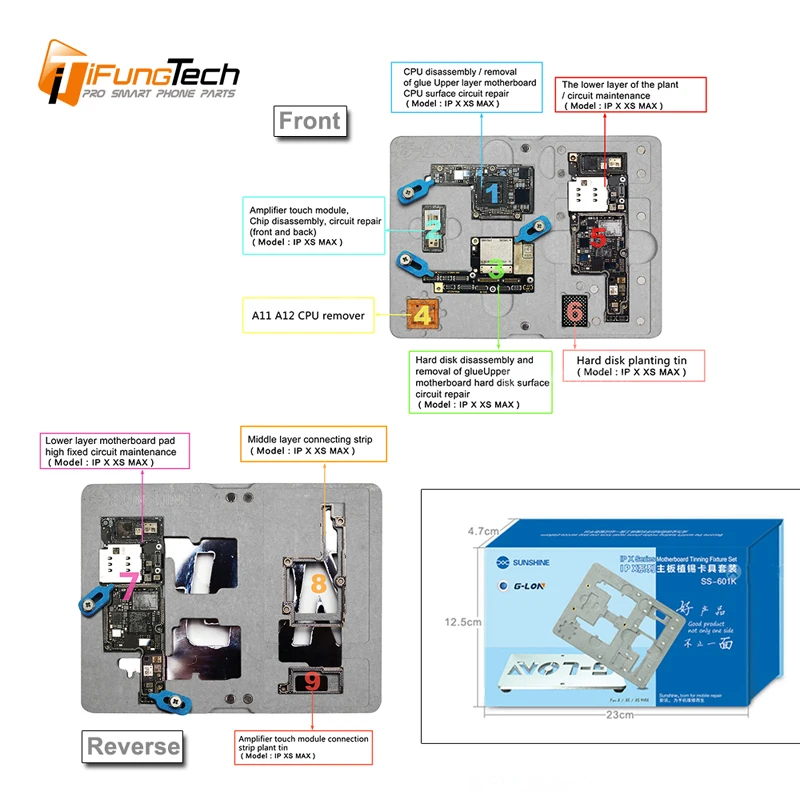 G-Lon SS-601K For iPhone X / Xs Max Mainboard BGA Reballing Stencil Plant Tin Set PCB Fixture Platform+Solder Paste | Мобильные