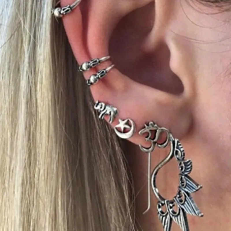 Fashion 7PCS Boho Earrings Set Feather Buddha Owl Leaves Moon Ancient Silver Color Stud Earring Ear Cuff Vintage Beach Jewelry | Украшения