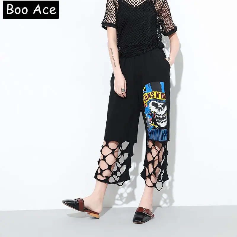 2017 Ace Бу женские Брюки Широкую Ногу Разорвал Штаны Guns N 'ROSES Шаровары Хип-Хоп Лето