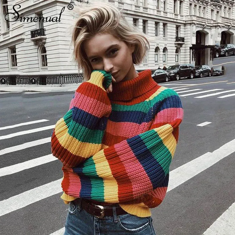 Rainbow Turtleneck Sweaters 2018 Winter Women Jumpers Knitted Clothes Female Fashion Striped Oversized Pullover | Женская одежда