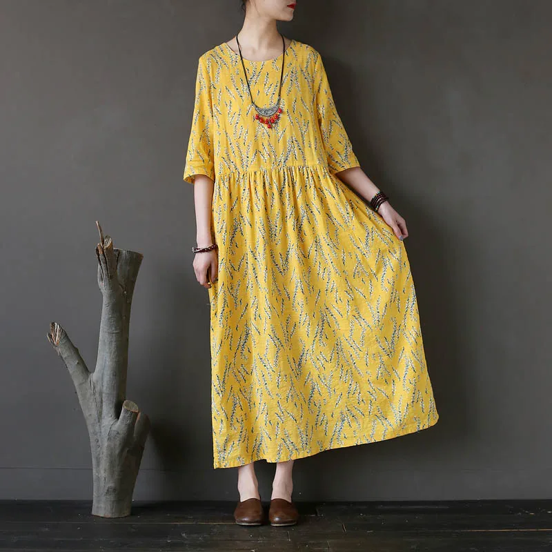 

Женское винтажное платье с цветочным принтом, длинное плиссированное платье с высокой талией, круглым вырезом и рукавом до локтя, на лето