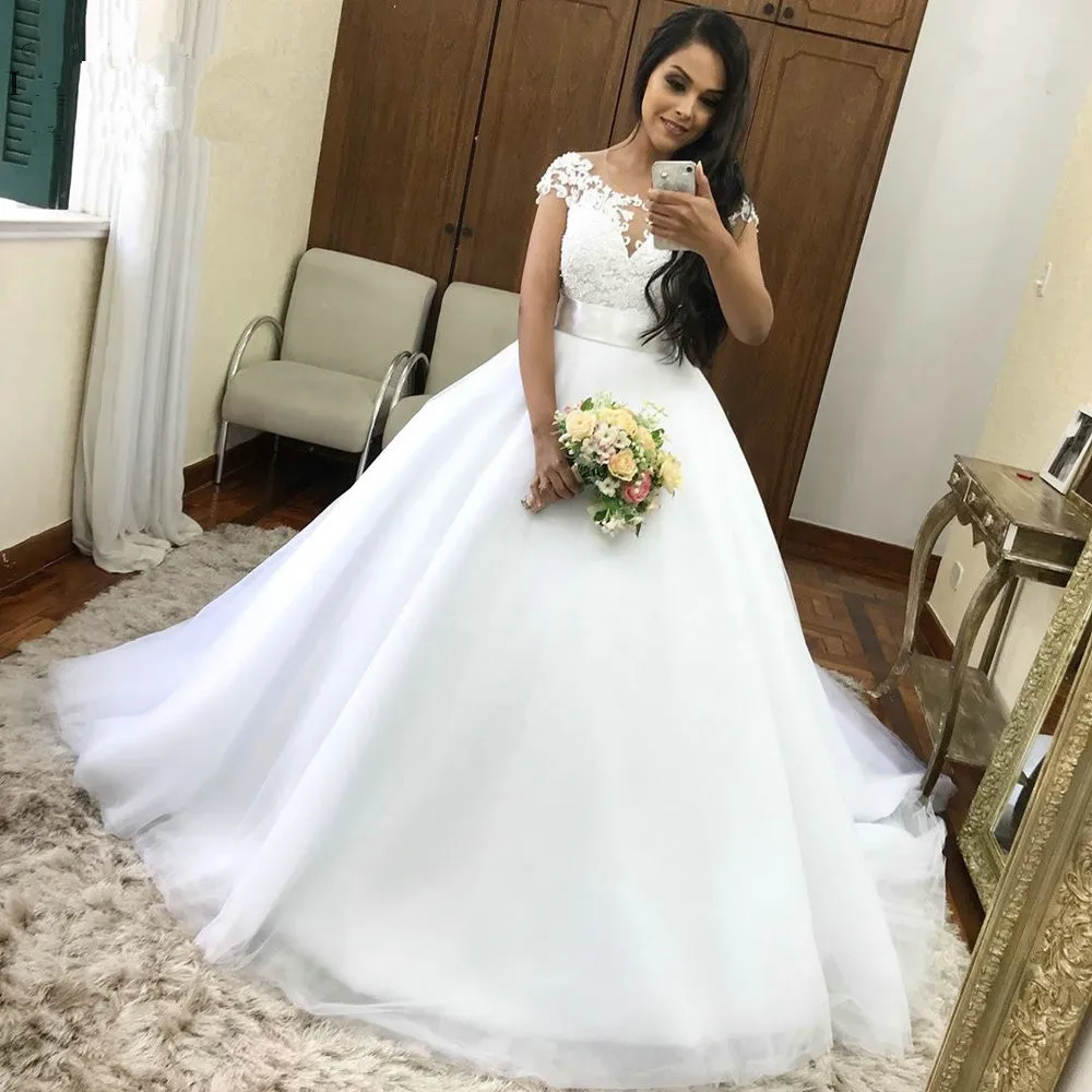 

Vestidos de festa Vintage satin Wedding Dress long sleeve boat neck lace Sweep Train Bridal wedding gown Vestido De Noiva