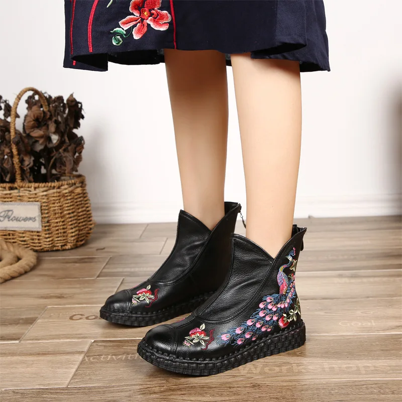 Женские винтажные ботильоны OUKAHUI с вышивкой зимние теплые модные женские ботинки
