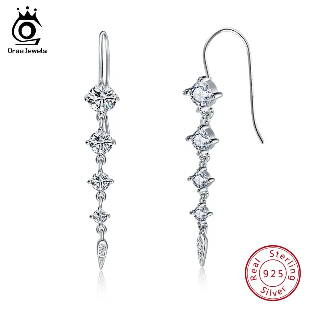 Earrings ORSA JEWELS наборы из чистого 925 пробы серебра для женщин в форме длинного листа AAA кубический циркон ожерелье и серьги Модный Ювелирный Набор SS14 - Цвет камня: Earrings