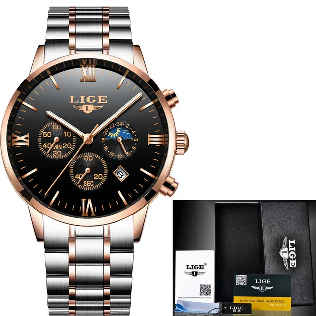 Steel Gold Black Люксовый бренд Мужские часы LIGE хронограф мужские спортивные черные часы водонепроницаемые полностью Стальные кварцевые мужские часы Relogio Masculino - Цвет: Steel Gold Black
