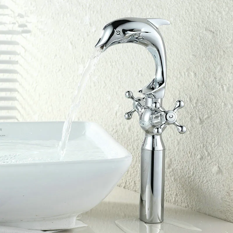 Кран в виде дельфина смеситель для раковины с двойной ручкой хромированная