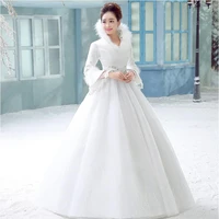 white winter bridal gown for weding party appliques ruffles sleeves bridal dress rhinstones wedding dresses ball gown long
