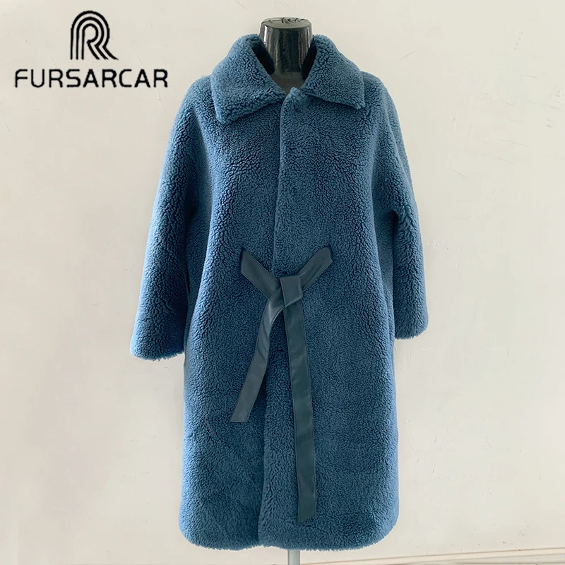 

FURSARCAR Blue Wool Blends Overcoats Long Coats Fleece Jackets Winter Warm Teddy Coat Cardigan Office Lady Sexy Women Plus Size