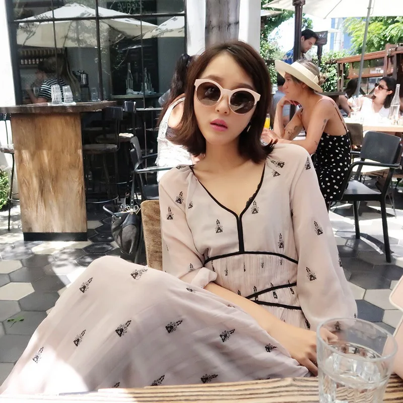 Лето 2017 г. женские платье Элегантный V шеи три четверти рукав шифон Свадебные