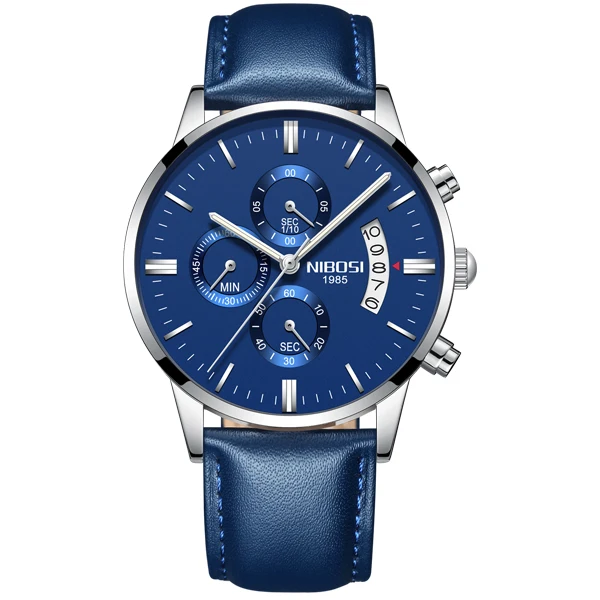 Silver Blue Leather NIBOSI Relogio Masculino A Prova d'gua Grande часы мужские роскошные брендовые полностью Стальные кварцевые часы мужские кожаные часы с хронографом - Цвет: Silver Blue Leather