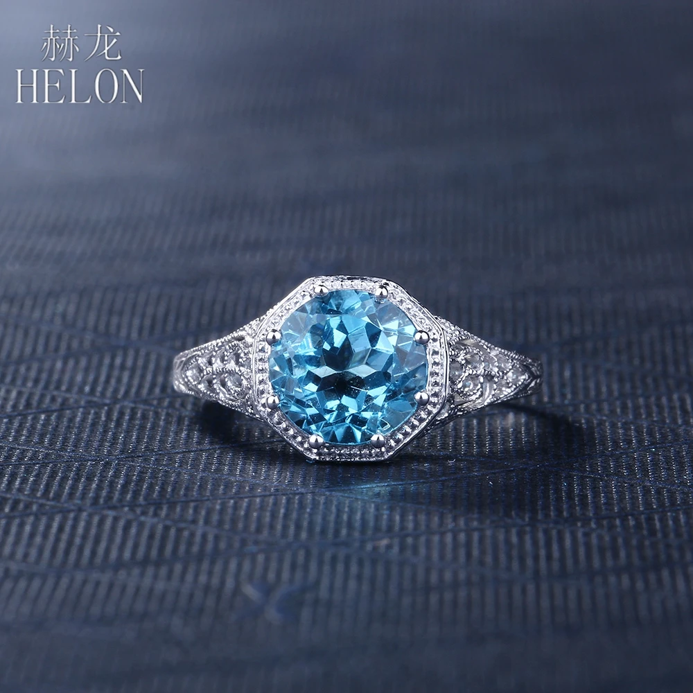 HELON 925 Sterling Silver Certified Round 2.3ct Genuine Natural Blue Topaz Engagement Ring Women Vintage Jewelry Gemstone Ring